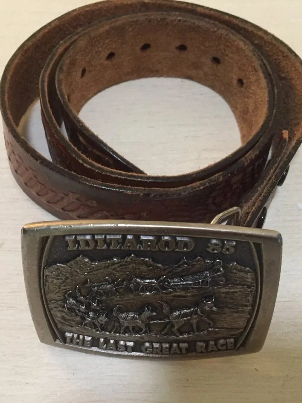 VTG 1985 Alaska Iditarod The Last Great Race Belt Buckle W/Bicentennial Belt M